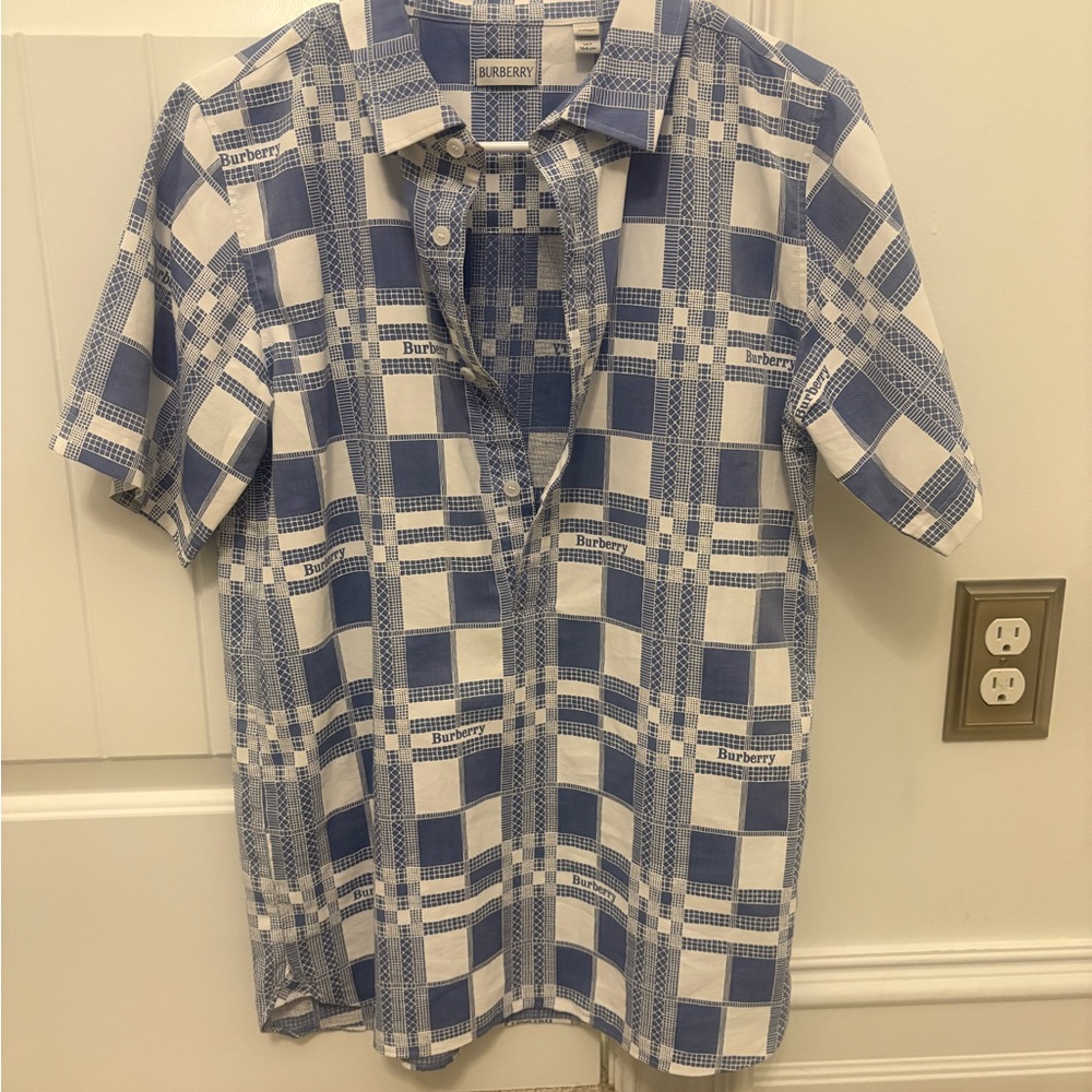 Burberry Men's Blue and White Plaid Shirt